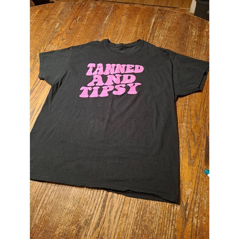 Womens XL Tanned and Tipsy Tee Hanes Black Pink Graphic Shirt ComfortSoft Tshirt